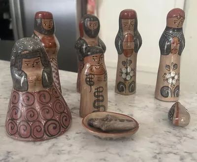 Mexican Tonala Nativity Set Creche Burnished Pottery Folk Art 9 Piece Vtg EUC • $38.50