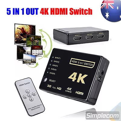 5 Way 4K Ultra HD HDMI Switch Splitter HDTV Auto 5 Port IN 1 OUT Remote Control • $16.95
