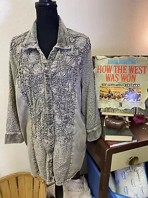 Parsley & Sage Womens Artsy Tunic  Fun Button Up Shirt 2X Velvet Trim Boho Chic • £7.91