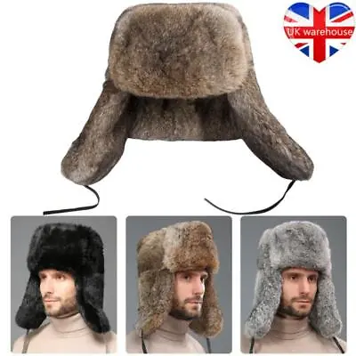 Mens Warm Fluffy Faux Rabbit Fur Russian Bomber Hat Ear Protection Earflaps • £14.99