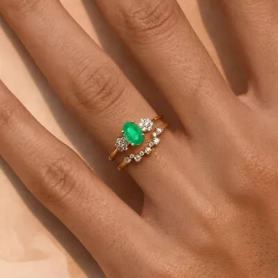 925 Sterling Silver Oval Emerald Ring Emerald Stack Floral Diamond Accent Ring • $99