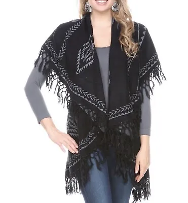 Black Vest Jacket Aztec/Mexican Unisex Fringe Tasseled One Size By Magic Scarf • $62.38