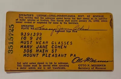 Vintage 1954 Pennsylvania Operator's Driver's License Permit • $9.99