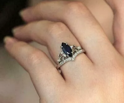 2Ct Marquise Cut Lab-Created Blue Sapphire Engagement Ring 14K White Gold Plated • $111.12