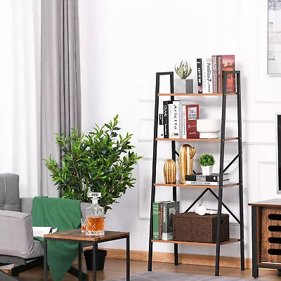 Wooden Metal 4 Tier Vintage Rustic Industrial Ladder Style Bookcase Shelf • $55.99