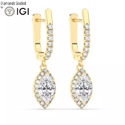 IGI  2 CT Solitaire Lab-Grown Marquise Diamond Hoops Earring 18K Yellow Gold • £1456