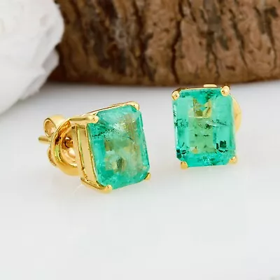 Natural Zambian Emerald Gemstone Stud Earrings 14k Yellow Solid Gold 4.67 Ct. • $1351.35