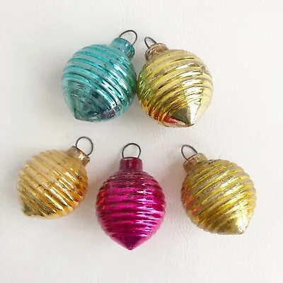 5 Vintage Christmas Mini Glass Ribbed Lantern Feather Tree Ornaments 1.25” • $24