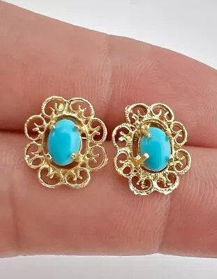 Vintage 14k Yellow Gold Persian Blue Turquoise & Filigree Floral Post Earrings • $200