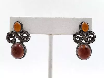 Vintage 925 Silver Earrings W/ Ornate & Rope Designs Amber Gems • $12.99