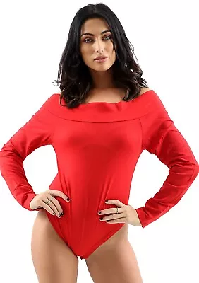 Womens Off Shoulder Long Sleeve Top Plain Stretch Bardot Bodysuit Leotard 8-22 • £4.99