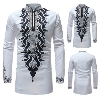 Men's Luxury African Print Long Sleeve Dashiki Casual Shirt Top Blouse New • £24.46