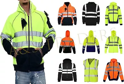 Hi Vis High Visibility Vest Hoodie Sweatshirt Workwear Hooded Top Jacket Zipped • £28.99