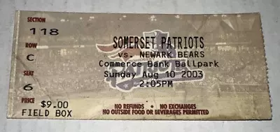 8/10/03 Somerset Patriots Newark Bears Commerce Bank Ballpark MiLB Ticket Stub • $18.74