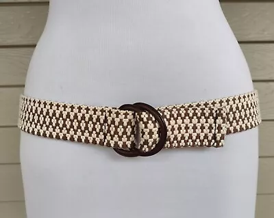 Eddie Bauer Womens Woven Brown & White Cotton Leather Buckle D-Ring Belt  Size M • $14.99