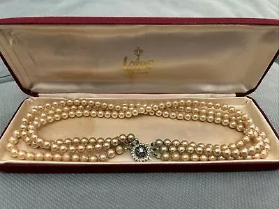 VINTAGE LOTUS Triple 3 Strand Simulated Pearl Necklace Sapphire & Diamond Clasp • £149.95