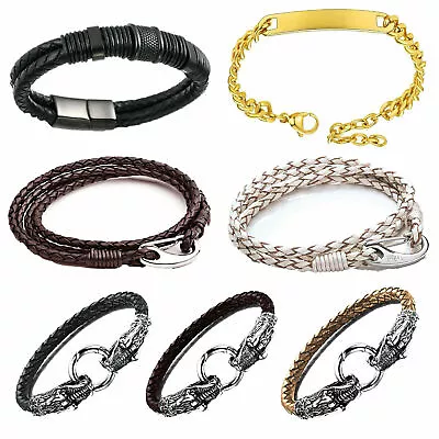 Mens Leather Braided Wristband Bracelet Stainless Steel Magnetic Clasp • £1.99