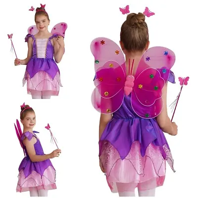 Girls Dress Dress Up Fairy Costume Tiered Halloween Party With Butterfly Wings • £26.39