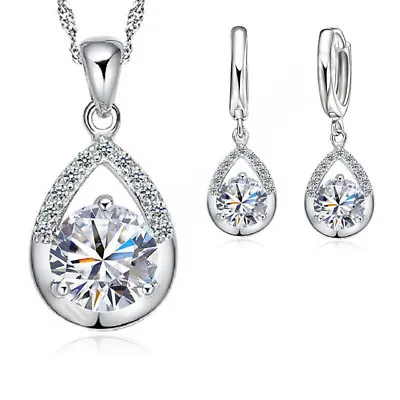 £5.49 • Buy 925 Sterling Silver Cubic Zirconia Crystal Necklace Pendant And Earring Set *UK*