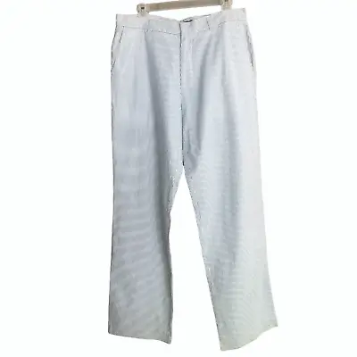 J Crew Seersucker Pants Blue White Stripe 34x34 Pinstripe Cotton Straight Leg • $29.99
