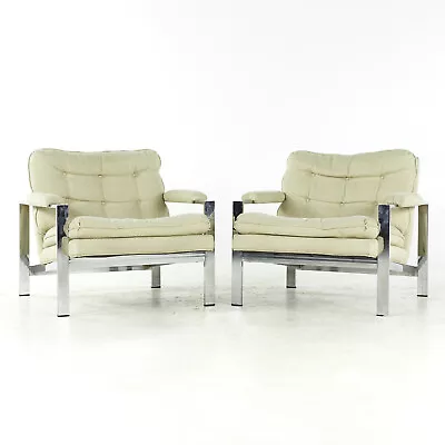 Milo Baughman Style Mid Century Italian Flatbar Lounge Chairs - Pair • $3847