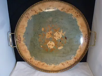 Vintage Italian Marquetry ROUND  Tray Wood Reticulated Brass W/Handles 1960s** • $71.25