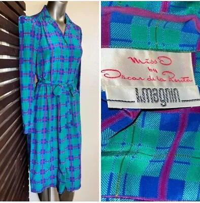 1980s Vintage Oscar De La Renta I. Magnin Silk Green Plaid Button Front Dress 8 • $65