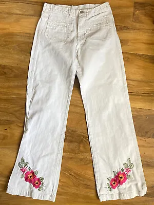 £7.99 • Buy White Boho Bootleg Denim Jeans Wth Embroidered Pink Flower Hems Size S W29” L30”