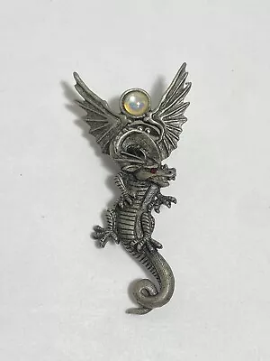 Vintage JJ's Dragon Brooch Mystic Ball Red Rhinestone Eye Silver Tone Pin • $14.95