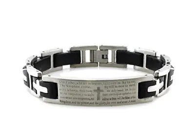 Stainless Steel Lord's Prayer Biker Rubber Inlay Link Bracelet 8.5 Inches • £12.53