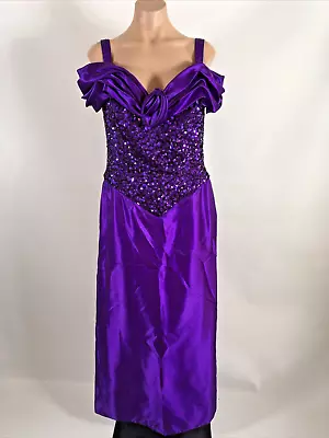 Vintage80s Mike Benet Purple Sequin Satin Puff Sleeve Bridesmaid Evening Gown • $200