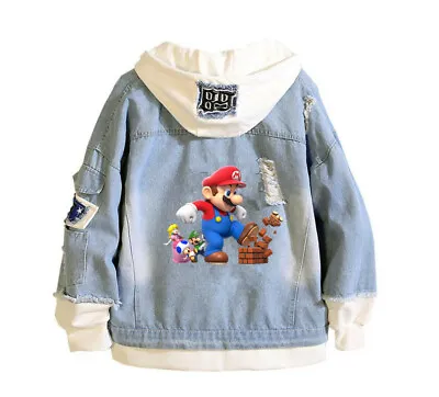 Men's Super Mario Denim Jacket Hoodie Casual Bomber Coat Sweatshirts • $47.66