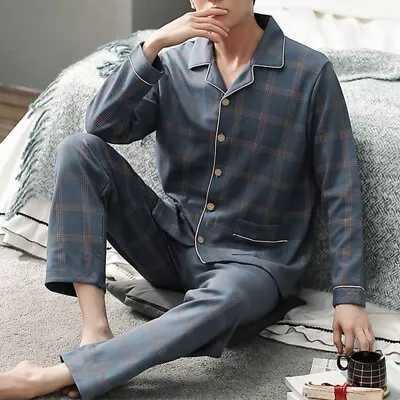 Mens Check Pyjama Long Sleeve Top Trouser Cotton Nightwear Lounge Wear PYJAMAS • £14.59