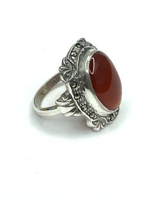 $19.99 • Buy Vintage Sterling Silver Glass Carnelian Marcasite Ring Size 4.5 Curtis Creations