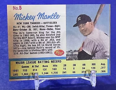 1962 Post Cereal MICKEY MANTLE #5 BASEBALL CARD • $36.95