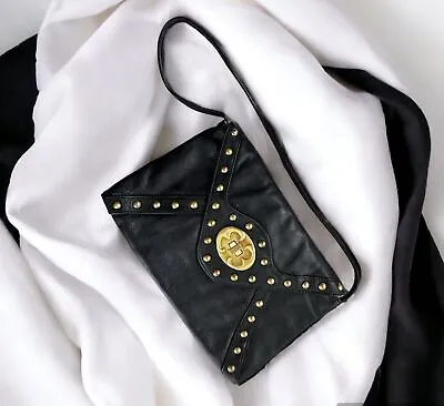 $55 • Buy Emma Fox Classics Handbag  Black Leather Studded Satchel Turnlock Purse Bag