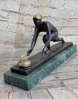 Sport Memorabilia Curling Bronze Sculpture W/Green Marble Base  Figurine Decor • $179.50