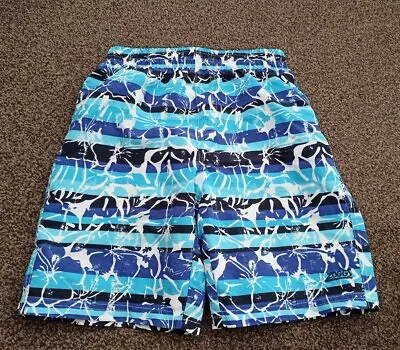 Zoggs Swim Shorts Boys Large Blue White Funky Vgc Paradise Flowers Strip • £4.99