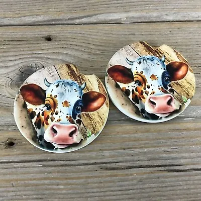 Peeking Cow Rustic Car Coasters Set Of 2 • $12