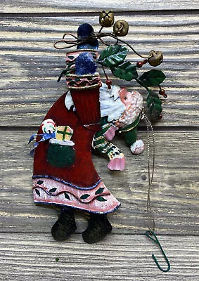 Vtg Christmas Ornament Tin Santa Claus Holding Bells Leaves Berries 6.5” • $14.99