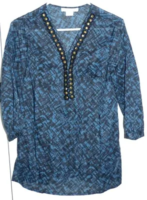New Women's Small Michael Kors Blue Black Beaded V-Neck 3/4 Sleeve Blouse • $26.99
