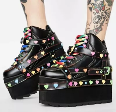 YRU Black Rainbow Qozmo  Hearts Bndg  Straps Platform Sneaker Shoes Womens 8M • £61.76