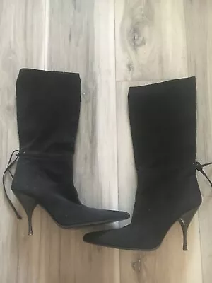 Women's MIU MIU / PRADA Black Suede Mid Calf Boots. Size 37 1/2 • $125