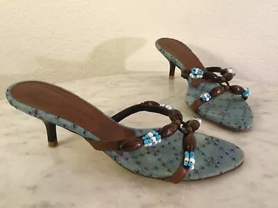 GIUSEPPE ZANOTTI VICINI Blue Denim Beaded Sandal Kitten Heel. Wm Sz 36 M. Italy. • $75