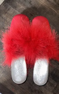 1960’s Bertlyn New York Red Marabou Feather Bedroom Slipper Size 8-8.5 USA Made • $58