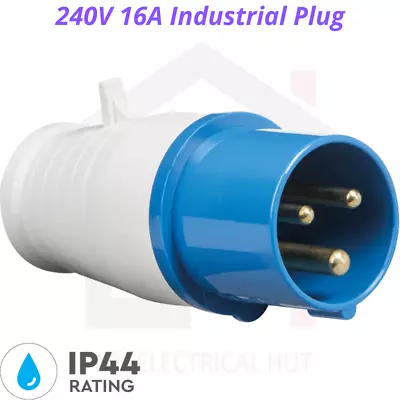 240V IP44 16A Industrial Plug 2P+E Wire Connect Blue And White Caravan Camping • £6.56