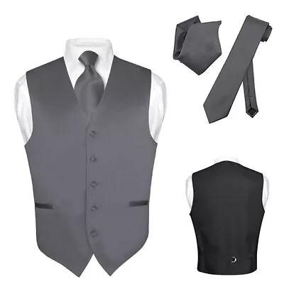 Men's Dress Vest NeckTie Hanky CHARCOAL GREY Gray Neck Tie Set For Suit Tuxedo • $24.95