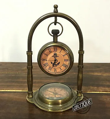 Victorian Vintage Desk Clock With Compass Brass Theme Christmas Shelf/Mantle • $23.13