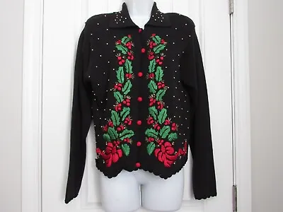 ARRIVISTE~ Vintage Black Cardigan Christmas Holly Leave Sweater~ S  EUC • $10