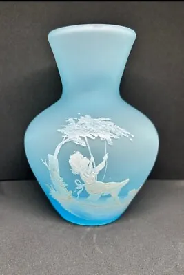 Antique MARY GREGORY Girl In Swing With DOG Blue Mist Satin Vase • $40